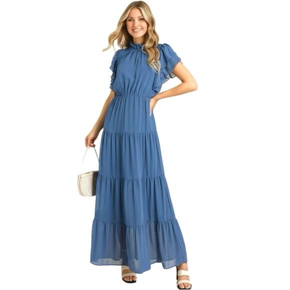 HAPTICS Coastal Blue Maxi Dress Side Pockets Ruffle Short Sleeve Spring Summer - Picture 10 of 14